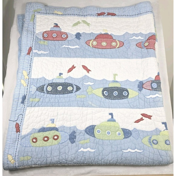 Pottery‎ Barn Kids Submarine Gingham Blue Quilt 73" x 84" Twin Nautical Boat - Picture 1 of 8